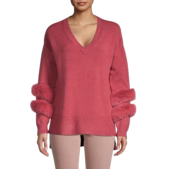 Saks Fifth Avenue Dusty Pink Faux Fur Trim V Neck Sweater Super Soft Size M - Picture 1 of 7